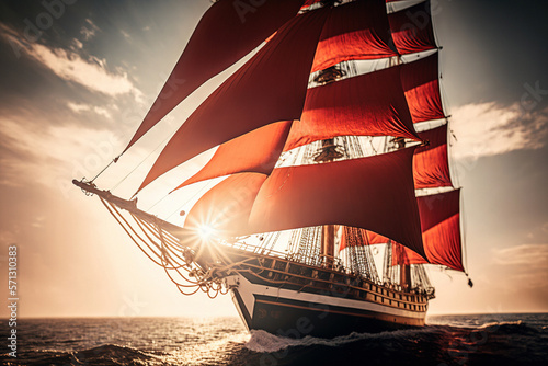 Fotografija Brigantine with scarlet sails among sea waves, realistic illustration