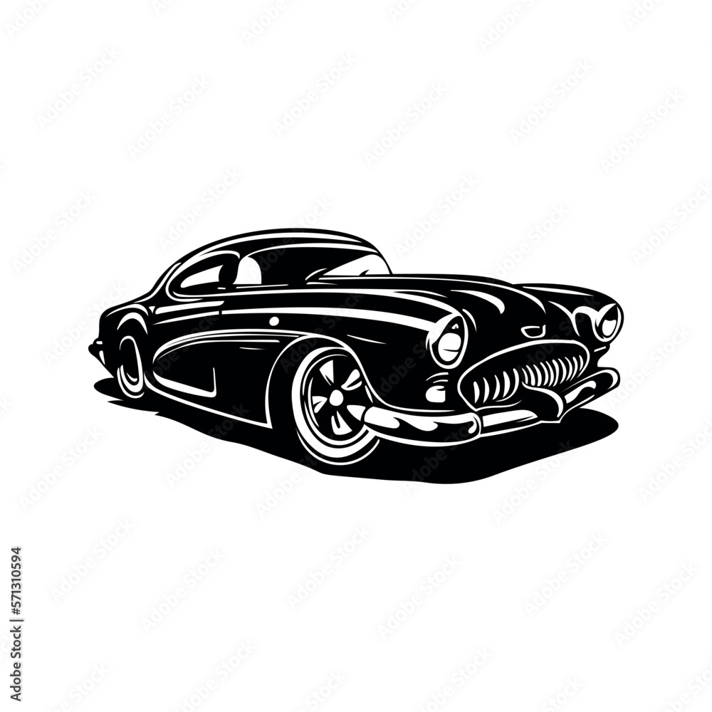 Retro car. Vintage American car. Ink black and white illustration