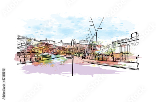 Building view with landmark of Positano is a city of Italy Watercolor splash with Hand drawn sketch illustration in vector.