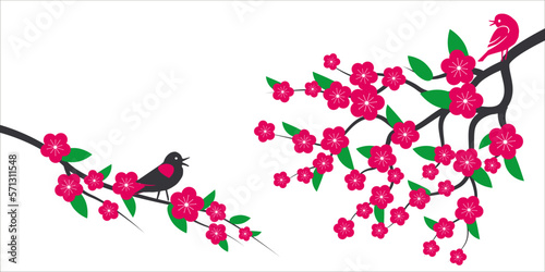 Sakura, cherry or apple tree branch, vector illustration, spring, summer clipart, nature, spring flower, Japan, cherry blossom branch with flowers and birds. Decorative simple style.
