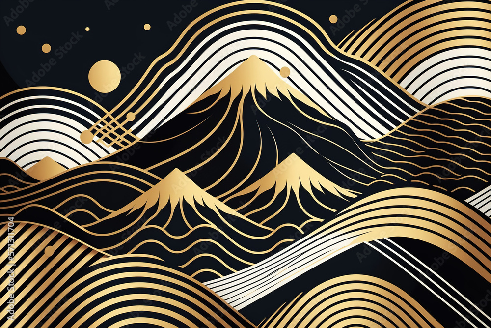 Japanese golden background with line wave pattern and mountain created with Generative AI technology