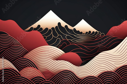 Japanese background with line wave pattern and mountain created with Generative AI technology