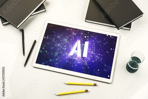 Creative artificial Intelligence symbol concept on modern digital tablet screen. Top view. 3D Rendering
