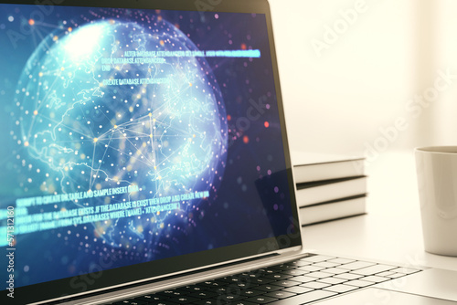 Abstract creative coding concept with world map on modern laptop screen. 3D Rendering