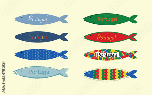 Collection with eight different sardines - vector drawing with sardines from Portugal.