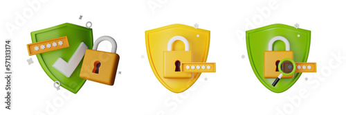 3D secure shield icon set, authentication lock password render kit, secret personal data protection. Antivirus badge, internet fraud security safe concept, PIN entry field. 3D shield padlock clipart photo