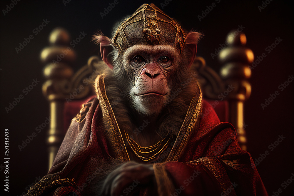King of a monkey in royal robe and crown on throne. AI generative illustration