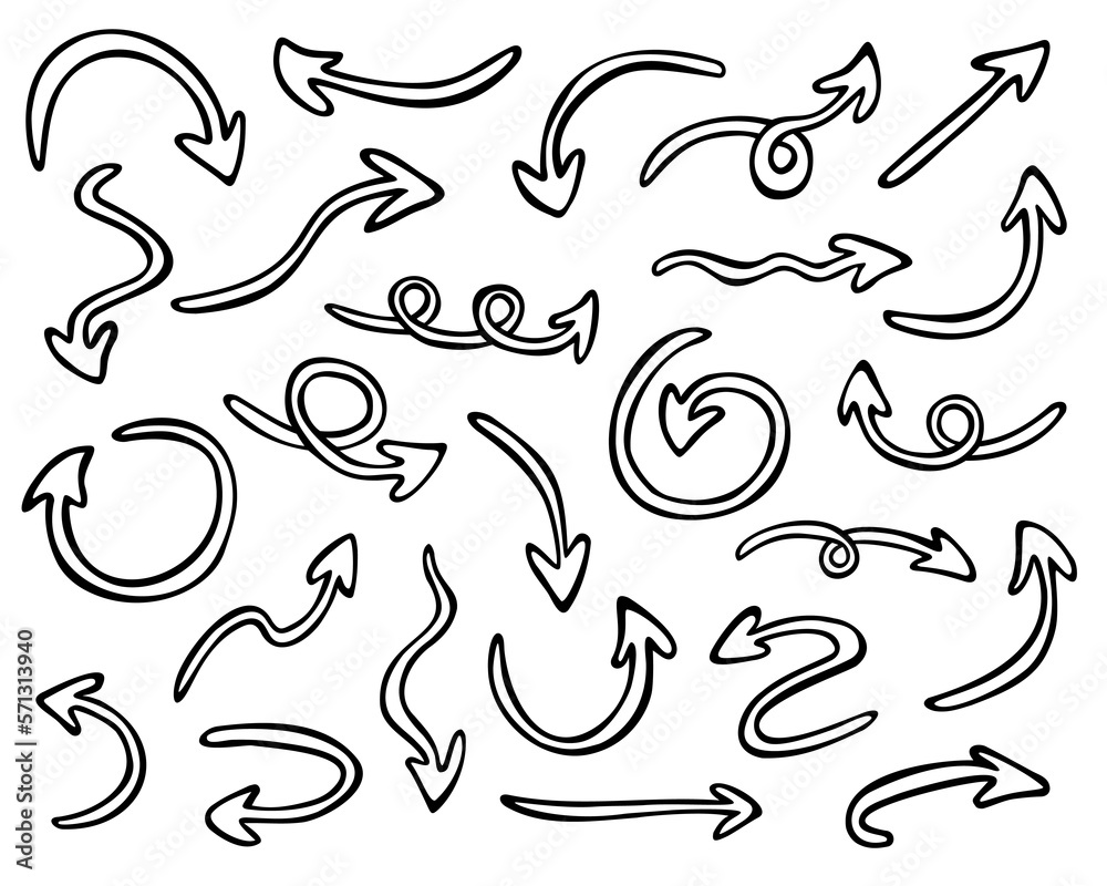 Obraz premium Vector set of hand drawn arrows, pointing in different directions. Cute elements, isolated on white background.