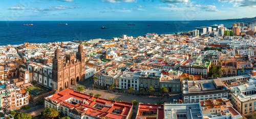 Panoramic aerial view of Las Palmas de Gran Canaria and Las Canteras beach at sunset, Canary Islands, Spain.