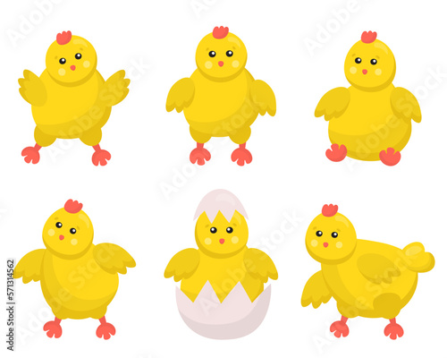 Cute baby chickens set in different poses for Easter design. Little yellow cartoon chicks. Vector illustration isolated on white background. Cheerful little chickens and roosters activities.