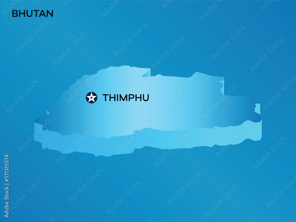 Bhutan 3D Isometric map with Capital Mark Thimphu Vector Illustration Design Bhutan 3D Isometric map with Capital Mark Thimphu Vector Illustration Design