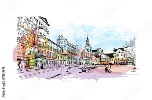 Building view with landmark of Poznan is a city of Poland Watercolor splash with Hand drawn sketch illustration in vector.