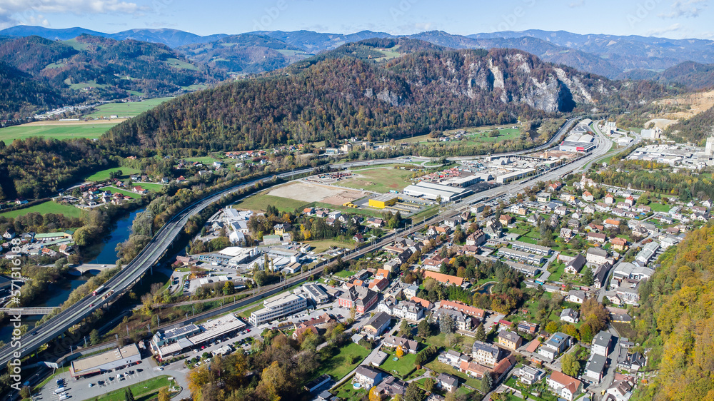 Aerial view over villages Peggau and Deutschfeistritz in Austria on a beautiful autumn day
