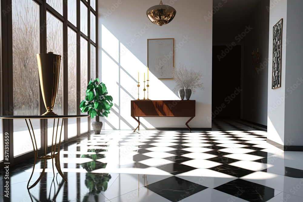 Mid century Modern Foyer Interior Design - AI Generated Stock