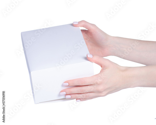 Fotografie White box pack in hand on white background isolation