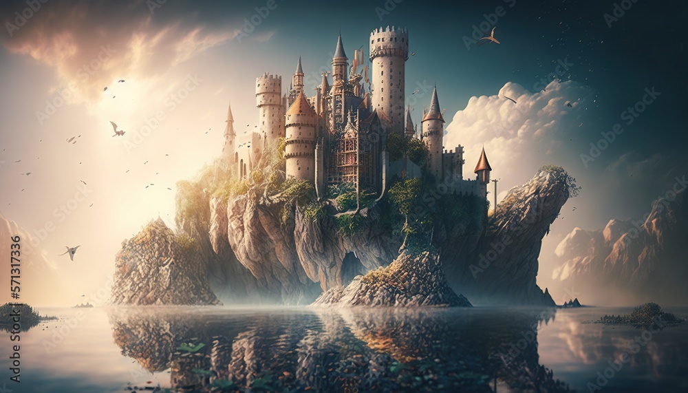 a castle on a small island in the middle of the ocean with a bird ...