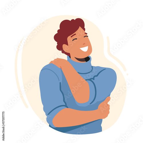 Solo Comfort And Solace Concept With Selfish Man Embrace Himself With Smile On Face. Male Character Taking Care