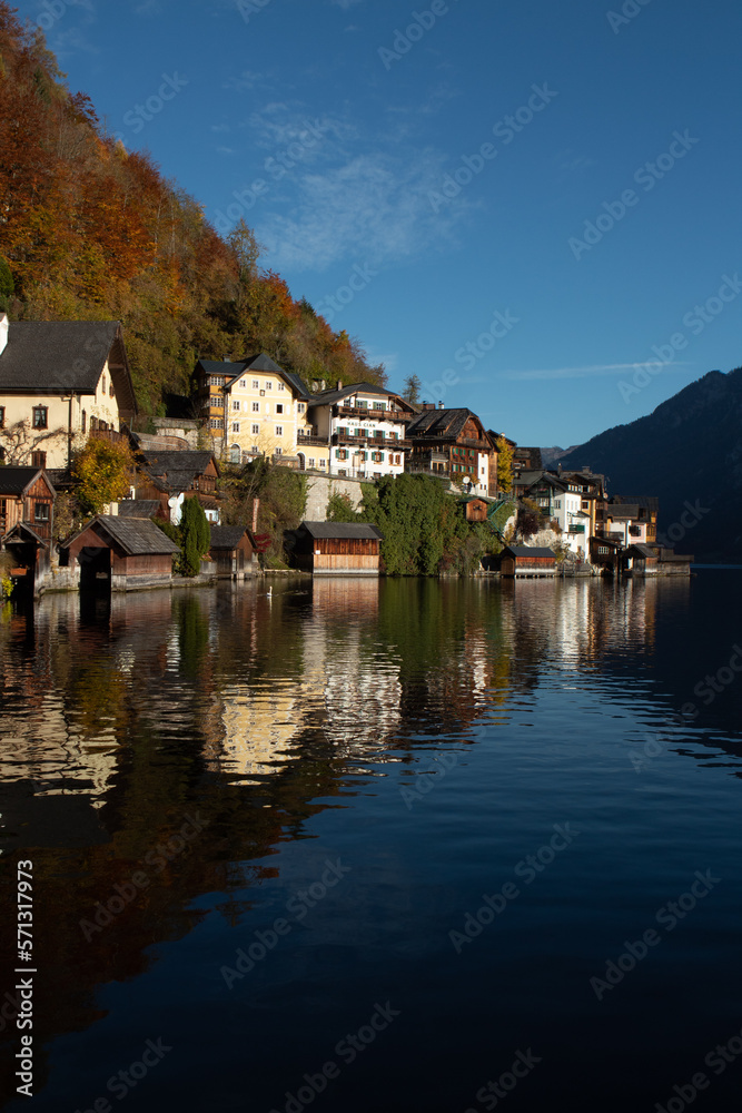 Hallstatt a hilly town with a lake in summer