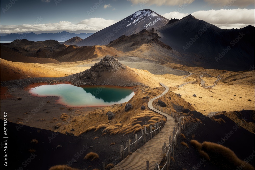 Volcanic Mountains with sulfur lakes generative ai landscape