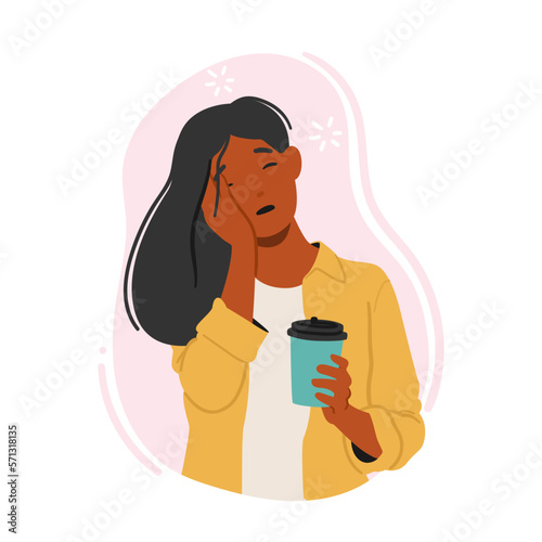 Sleepy Woman Drinking Coffee. Female Character With Tired Expression Holding Cup Of Hot Drink. Morning Routine