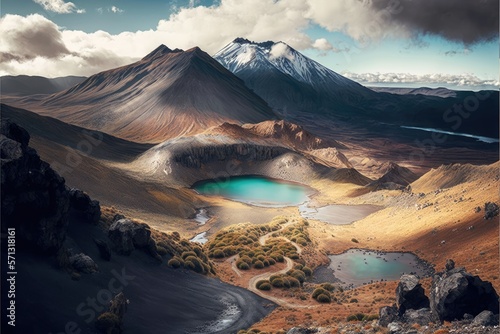 Volcanic Mountains with sulfur lakes generative ai landscape photo