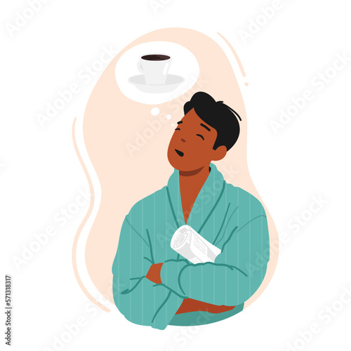 Tired Sleepy Man Thinking About Coffee. Male Character With Droopy Eyes Desire For A Caffeine Boost, Feeling Of Fatigue