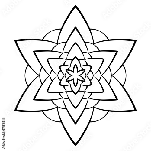 Flower mandala coloring page. Simple symmetric floral shape for mindful coloring