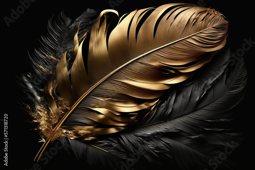 Luxury gilded gold golden Black swan Feather, on black background. Luxus Wallpaper design created with Generative AI
