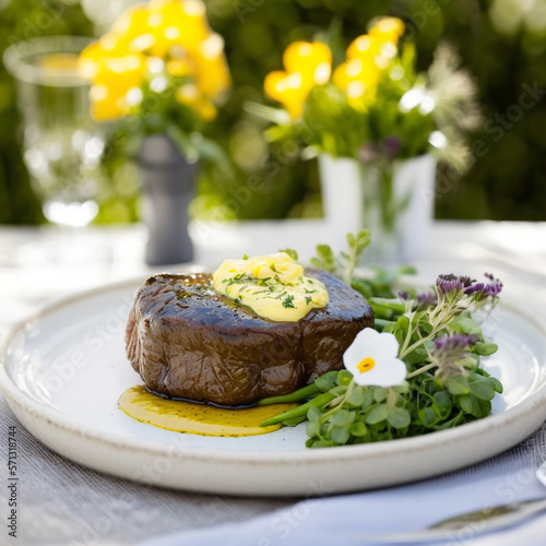 Celebrate Spring with a Homemade Grilled Filet Steak and Mustard, a Slow Food and Farm-to-Table Stock Image. AI Generated Art.