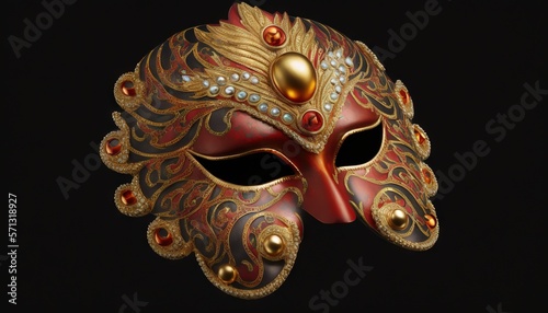  a red and gold mask with jewels on it's face and a gold ball in the middle of the mask, on a black background.  generative ai © Anna
