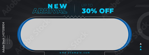 new arrival sale facebook cover page timeline web ad banner template with photo place modern layout black background and cyan text design