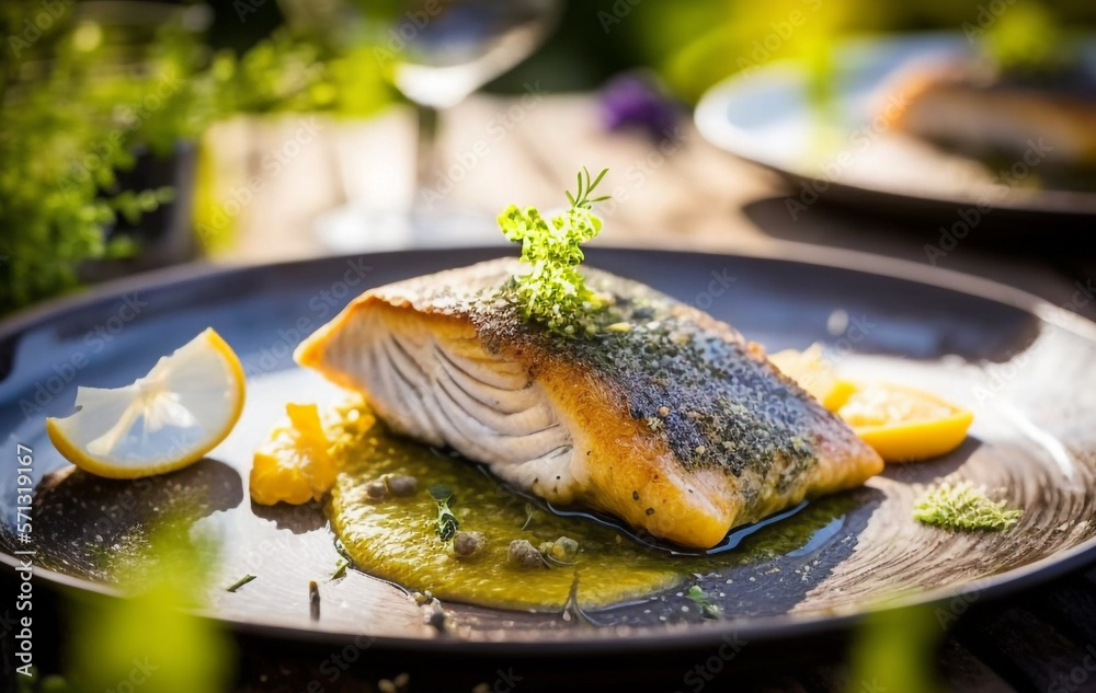Indulge in Fine Dining this Spring with a Roasted Fish Filet with a Nice Crust, Served with Herbs and Veggies: A Gourmet Delight! AI Generated Art. - obrazy, fototapety, plakaty 