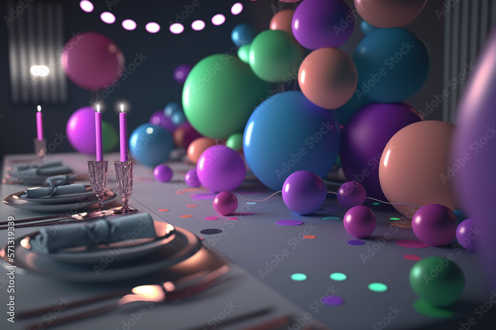 Festive table setting with candles in room decorated with colorful balloons. AI Generated.