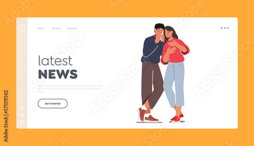 Latest News Landing Page Template. Secret Meeting, Gossip And Confidential Discussions Concept with Whispering Character