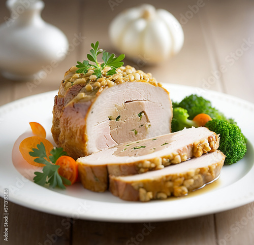 Sliced pork roast with stuffing on a nice plate in a natural spring setup on a table. AI Generated Art. photo