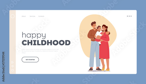 Happy Childhood Landing Page Template. Happy Family Characters Parents Holding Child on Hands Vector Illustration