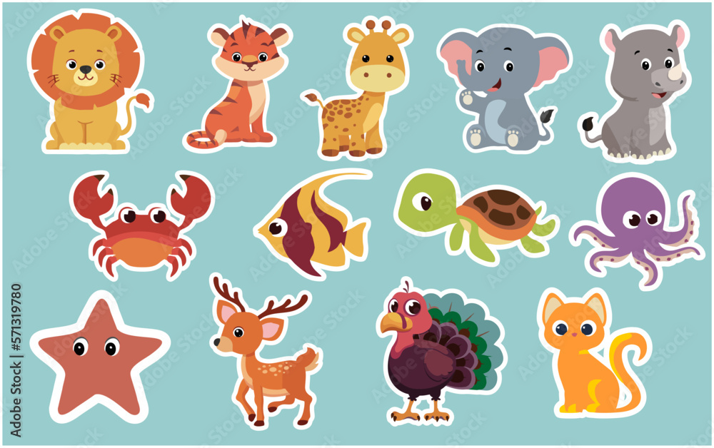 Obraz premium illustration pack Big set animals, fish and birds for children. Symbols pack for kids book, education poster. Vector cartoon characters isolated on white background. sticker