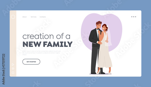 Creation of New Family Landing Page Template. Happy Young Groom and Bride Posing and Hugging on Wedding Ceremony