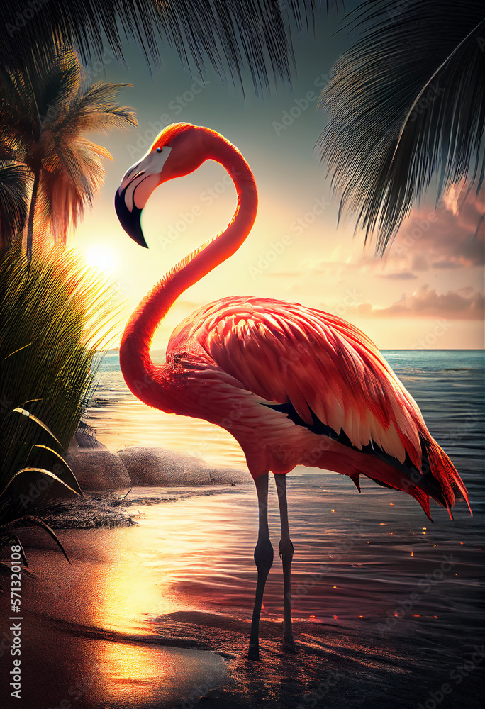 Vertical Generative AI painting of beautiful flamingo standing in water ...