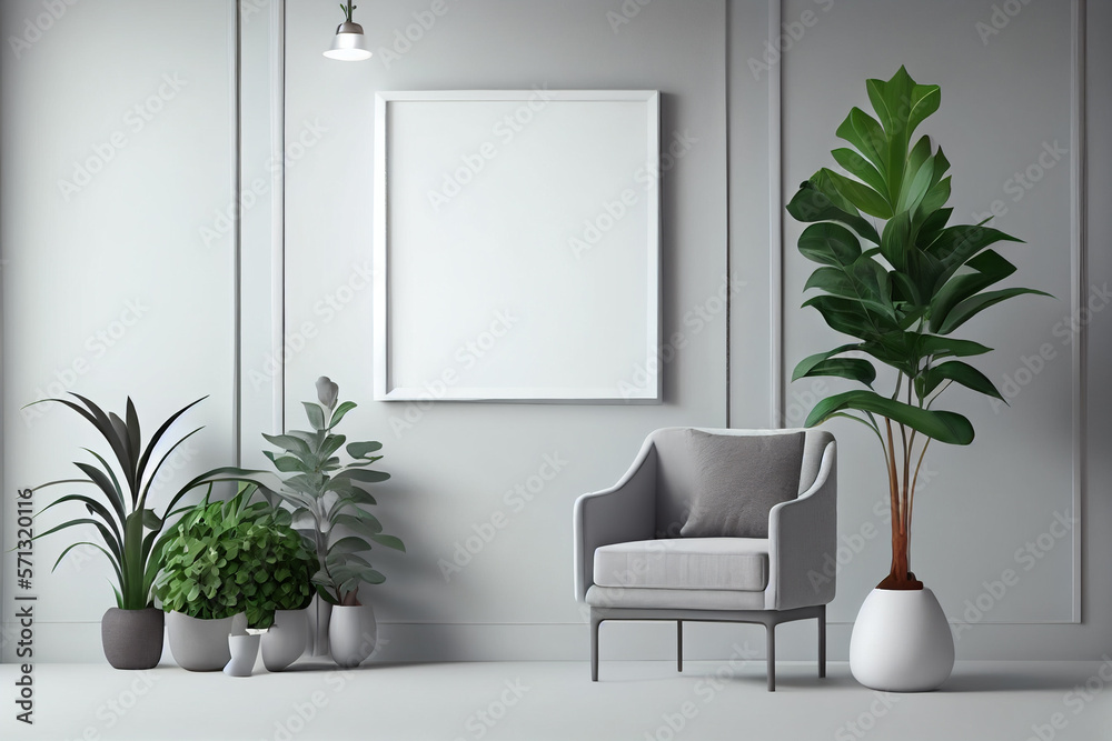 Interior frame living room with gray velvet armchair, hanging lamp, and plants on empty texture wall background. A blank wall with a vertical poster. Generative AI. Interior frame living room with gray velvet armchair, hanging lamp, and plants on empty texture wall background. A blank wall with a vertical poster. Generative AI.