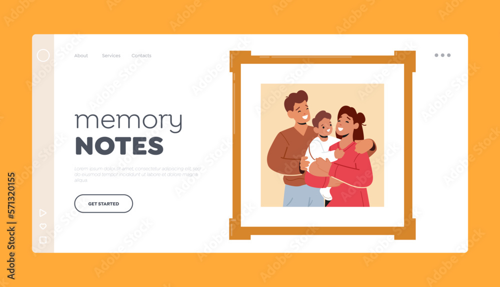 Memory Notes Landing Page Template. Family Photo in Frame Depicts Smiling and Joyous Young Parents And Child