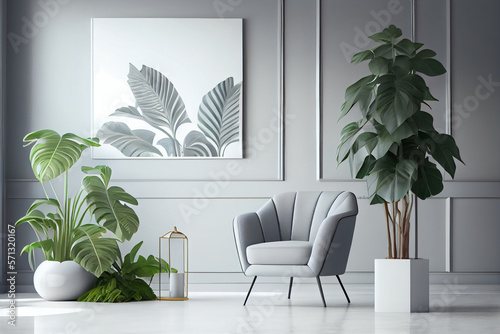 Living room interior with gray velvet armchair and plants. Generative AI.