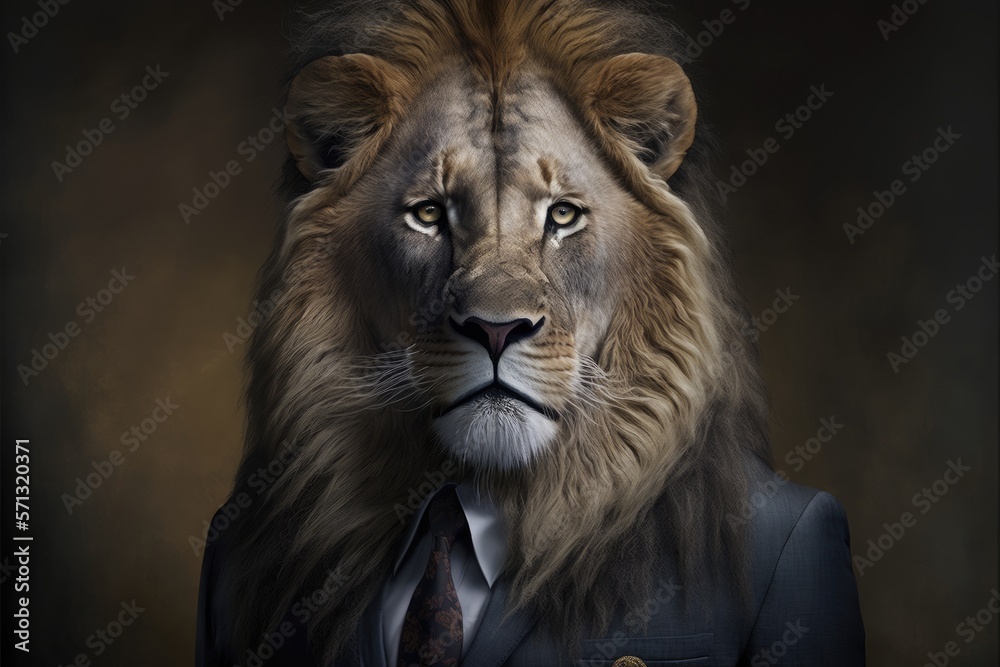 lion wearing a suit as businessman dramatic generative ai portrait 