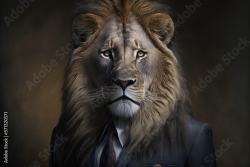 lion wearing a suit as businessman dramatic generative ai portrait 