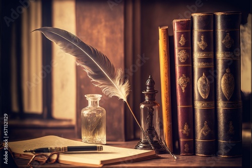 
old quill pen with inkwell and papers on a wooden desk against a vintage bookcase. retro style generative ai illustration photo