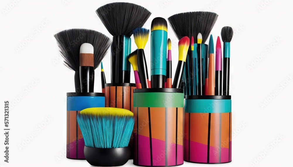 Fototapeta premium a collection of colorful brushes and brushes in a cup on a white background with a white background behind it and a white background behind it. generative ai