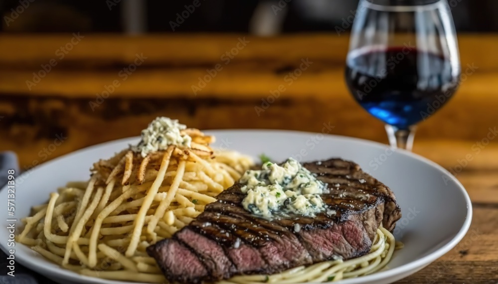 a plate of steak, pasta, and a glass of wine on a wooden table with a wooden table cloth and a wooden table cloth.  generative ai