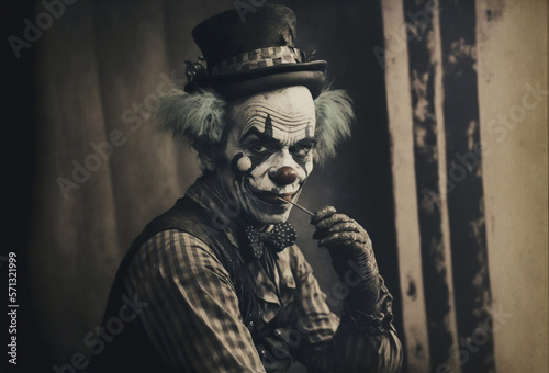 Fotografia, Obraz Creepy old clown in a vintage circus wearing a top hat