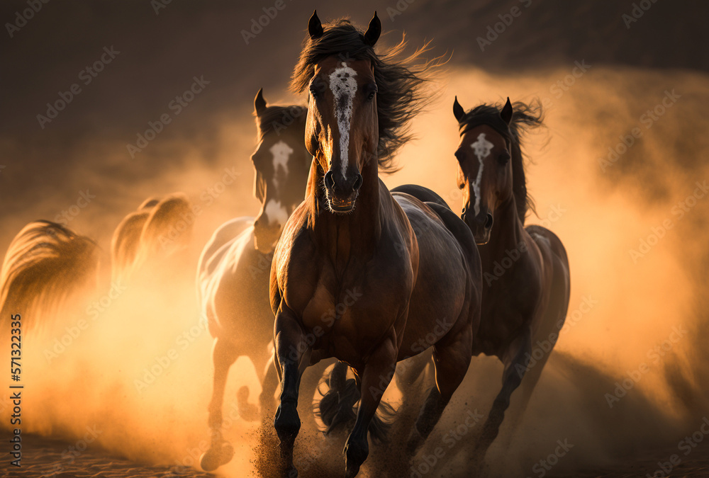 Pack of wild horses running and kicking up dust in a Montana desert ranch. generative AI