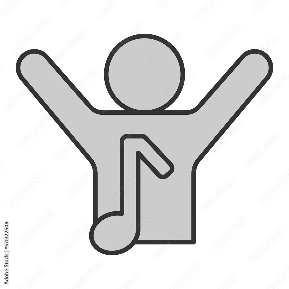 Man, fan raised his hands and musical note - icon, illustration on white background, grey style Man, fan raised his hands and musical note - icon, illustration on white background, grey style